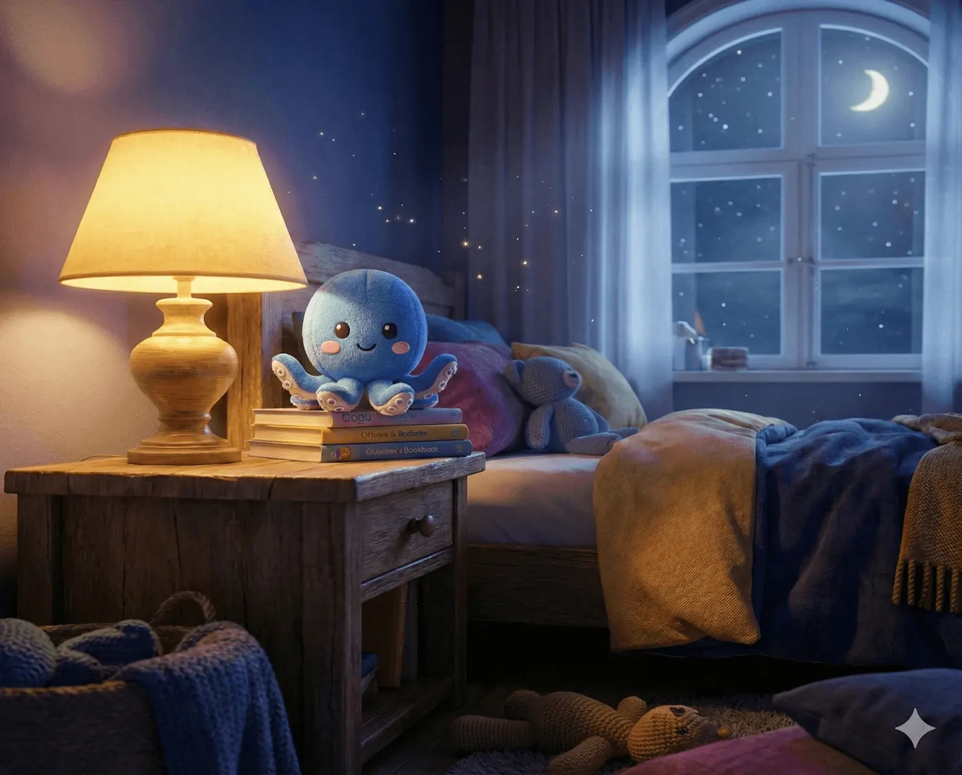 Gugu App – gemütliches Kinderzimmer bei Nacht mit dem blauen Gugu-Oktopus, Nachttischlampe und Sternenhimmel am Fenster